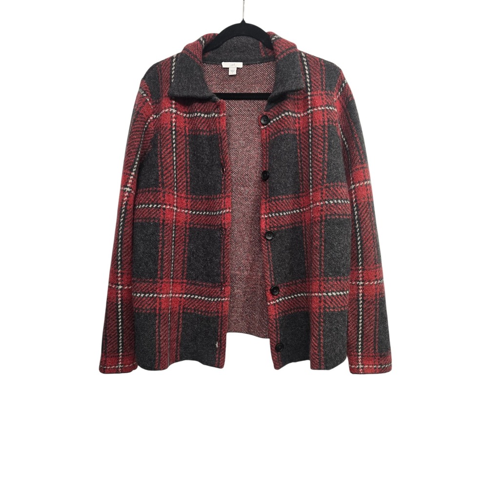 J Jill Red Black Plaid Wool Blend cardigan S jacket Cozy Cottagecore Preppy Fall - Picture 4 of 10